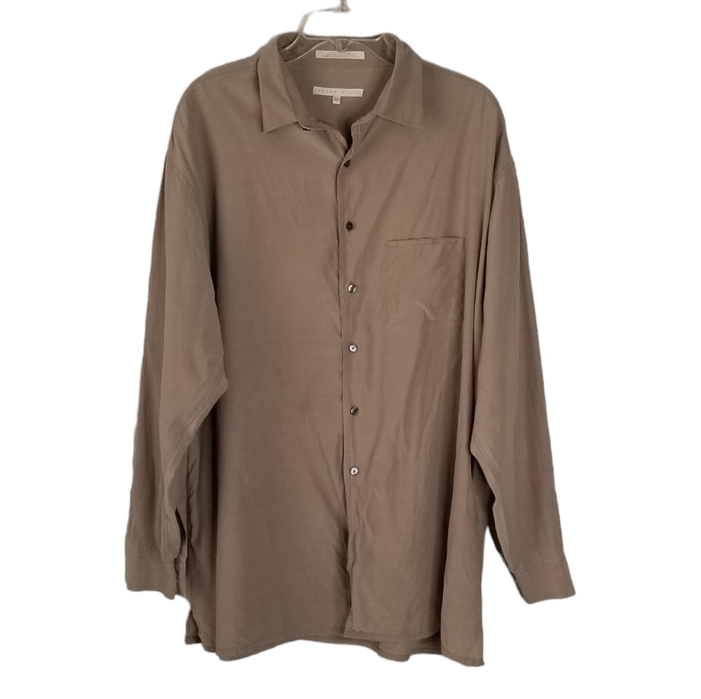 Perry Ellis Silk Blend Long Sleeve Button Down Tan/Beige Shirt Size XL